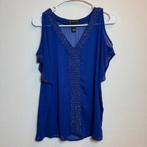 INC International Concepts Blue Cold Shoulder Beaded Blouse Top Size‎ 8